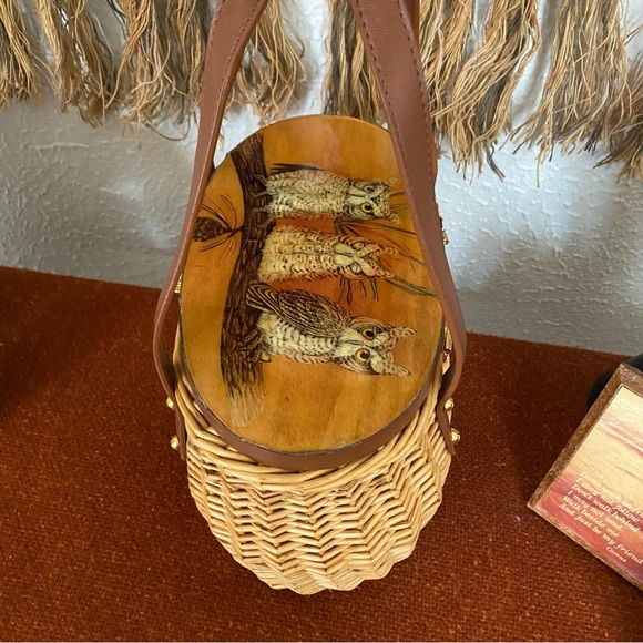 Vintage MCM Cappelli Straworld Wicker Purse w/ Owls on Wood Lid - Picture 11 of 15